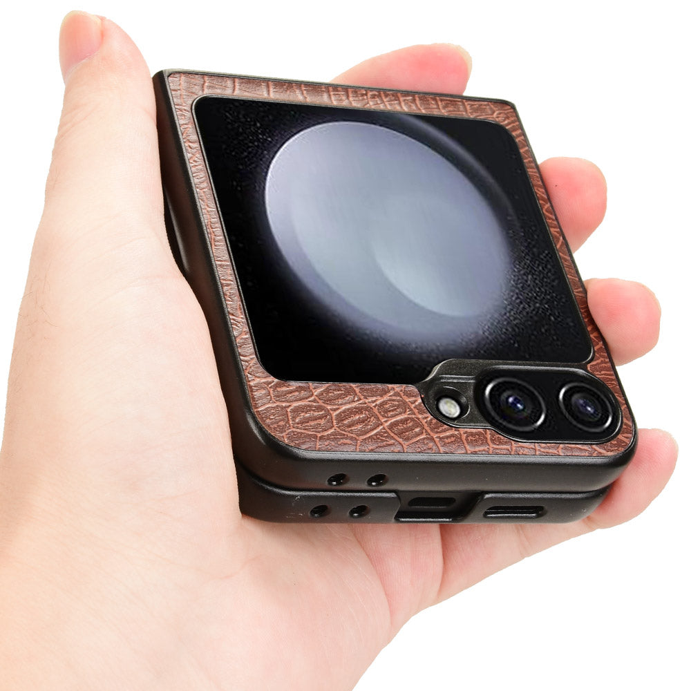 For Samsung Galaxy Z Flip6 5G Case Crocodile Texture Leather+PC Folding Phone Cover - Brown
