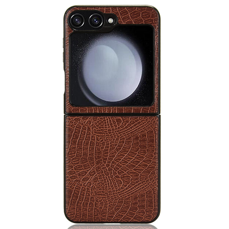 For Samsung Galaxy Z Flip6 5G Case Crocodile Texture Leather+PC Folding Phone Cover - Brown