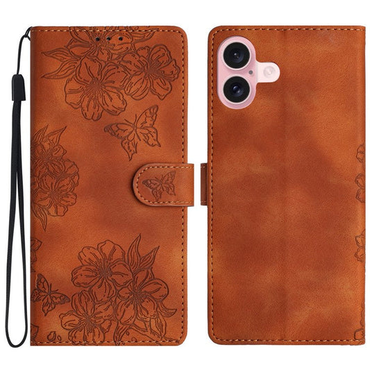 For iPhone 16 Case PU Leather Wrist Strap Card Slots Phone Cover Butterfly Flower - Brown