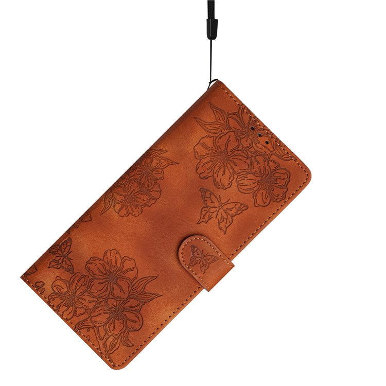 For iPhone 16 Case PU Leather Wrist Strap Card Slots Phone Cover Butterfly Flower - Brown