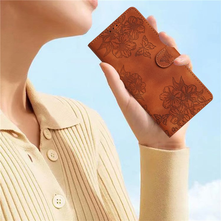 For iPhone 16 Case PU Leather Wrist Strap Card Slots Phone Cover Butterfly Flower - Brown