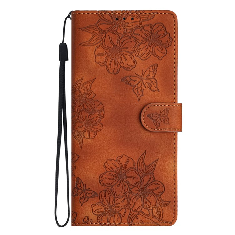 For iPhone 16 Case PU Leather Wrist Strap Card Slots Phone Cover Butterfly Flower - Brown