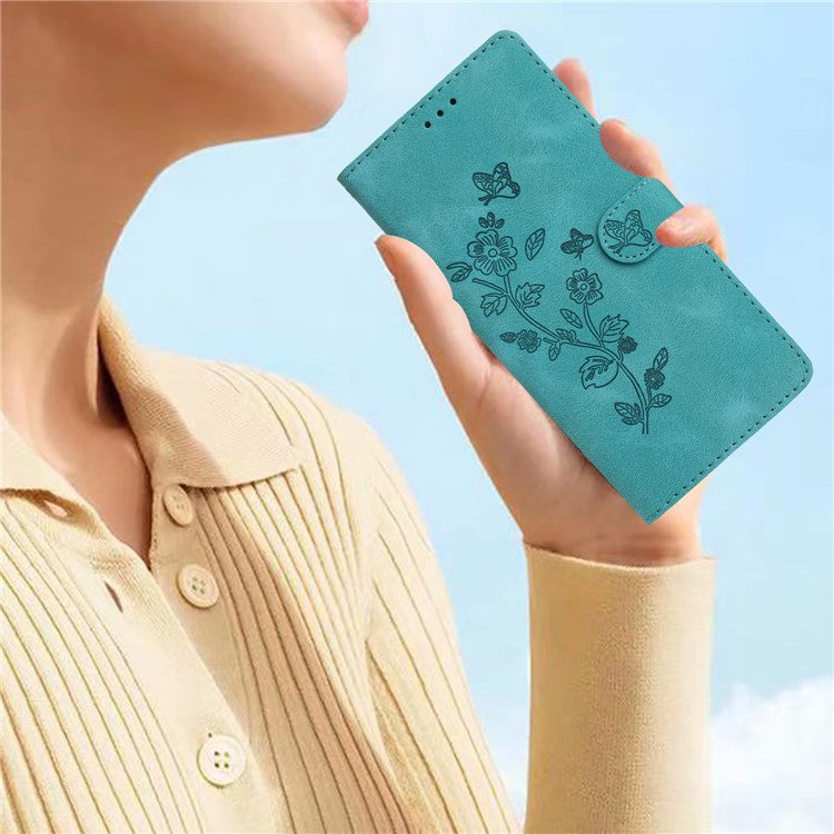 For iPhone 16 Case Imprinted Flower Leather Phone Cover Wallet with Card Holder - Sky Blue
