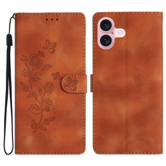 For iPhone 16 Plus Case Leather Imprinted Flower Card Slots Pocket Phone Cover with Wrist Strap - Brown