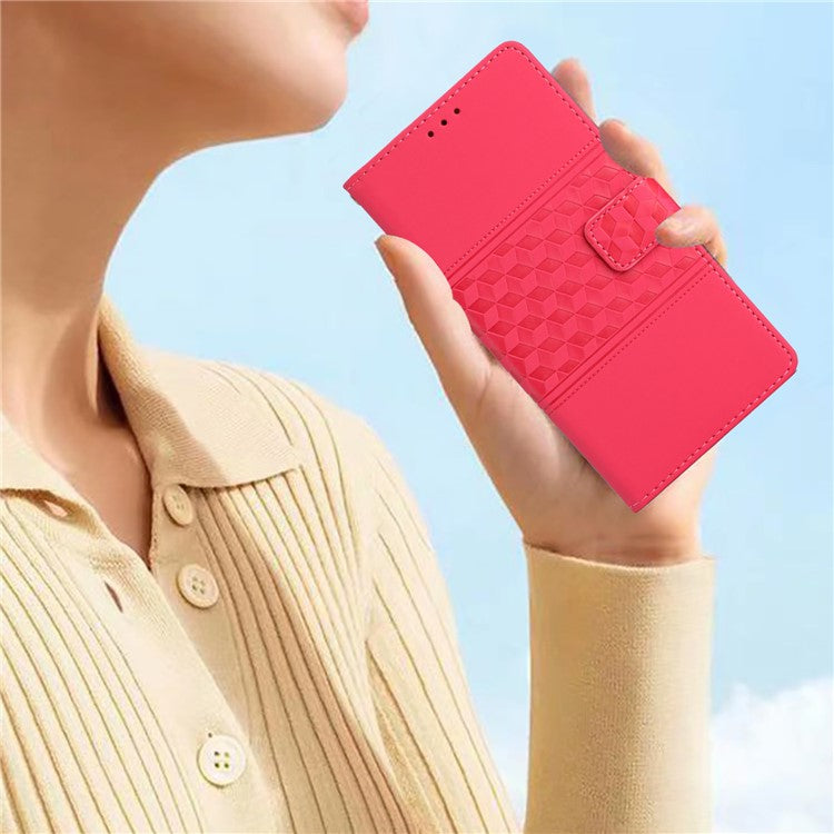 For iPhone 16 Pro Case with Card Holders Stand Flip Rhombus Pattern PU Leather Phone Cover - Rose