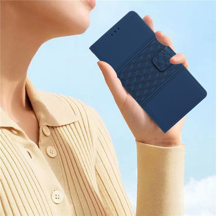 For iPhone 16 Case Rhombus Leather with TPU Inner Shell Wallet Phone Cover - Blue