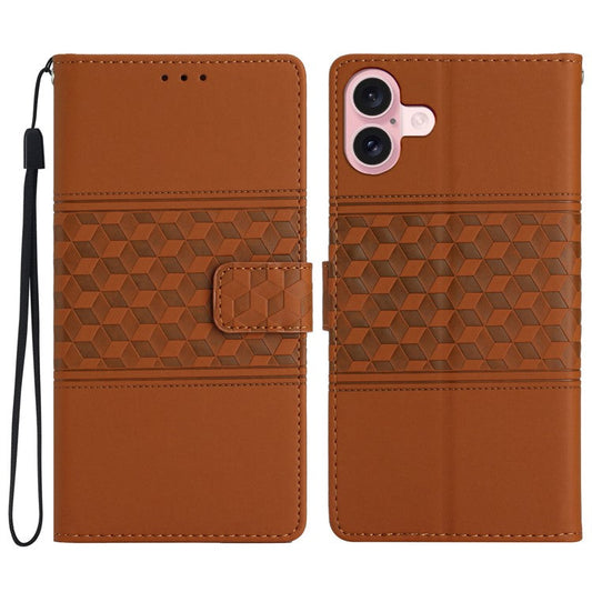 For iPhone 16 Plus Case Rhombus Leather Horizontal Flip Phone Cover - Brown