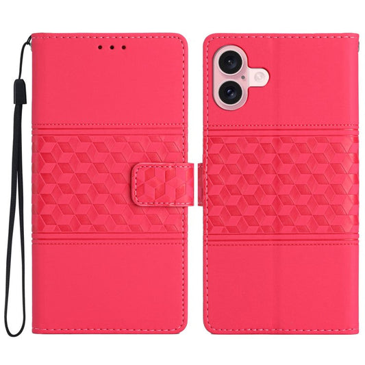 For iPhone 16 Plus Case Rhombus Leather Horizontal Flip Phone Cover - Rose
