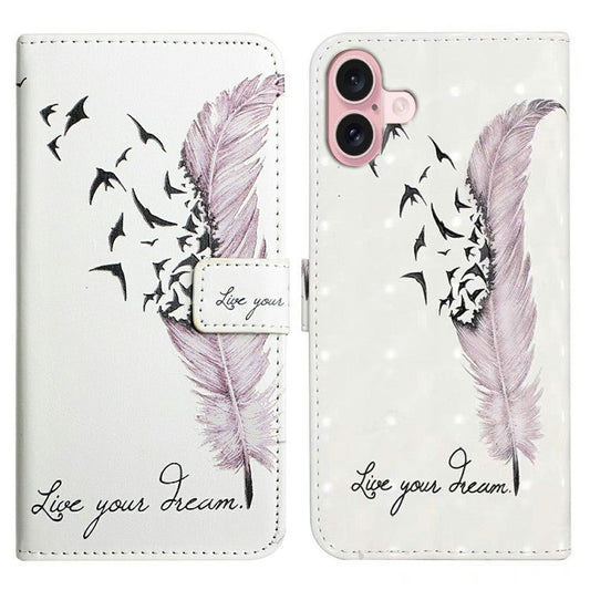 For iPhone 16 Plus Case Stand Card Holder Leather Phone Cover 3D Creative Pattern Design - Feather