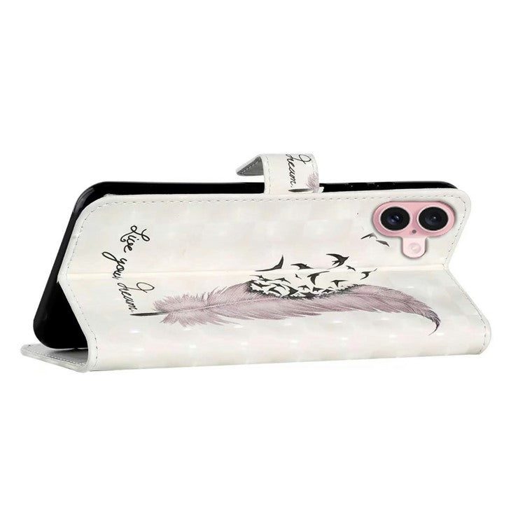 For iPhone 16 Plus Case Stand Card Holder Leather Phone Cover 3D Creative Pattern Design - Feather