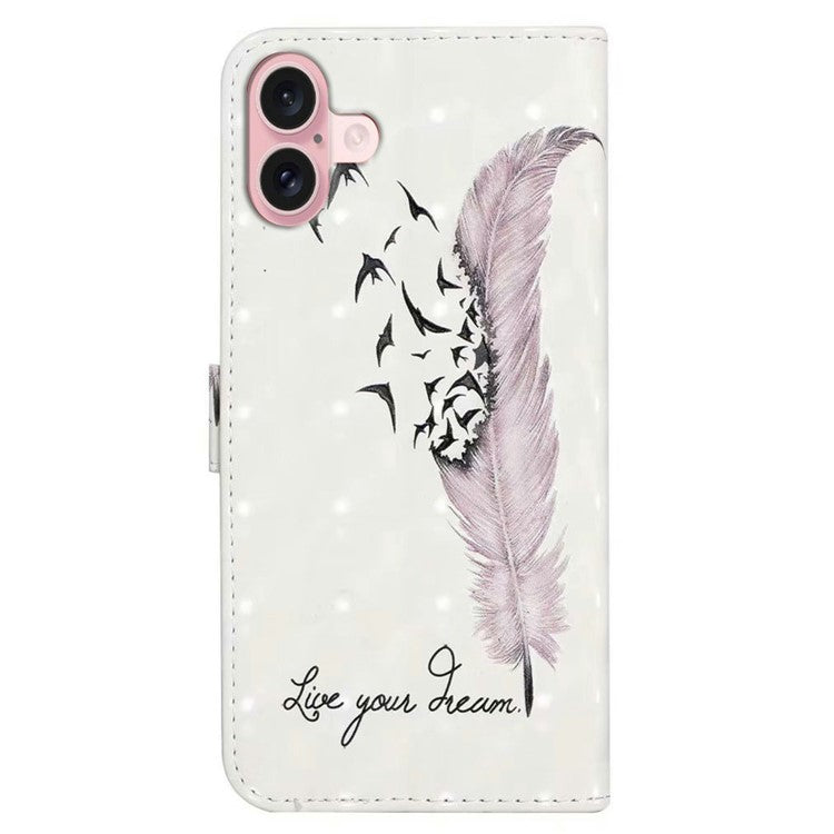 For iPhone 16 Plus Case Stand Card Holder Leather Phone Cover 3D Creative Pattern Design - Feather