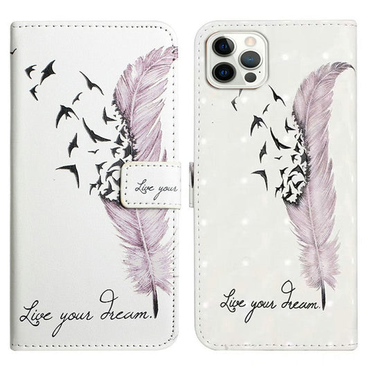 For iPhone 16 Pro Case 3D Pattern Leather Wallet Phone Cover Bookstyle Magnetic Clasp - Feather