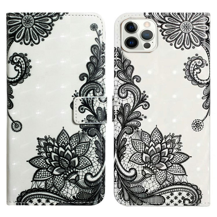 For iPhone 16 Pro Case 3D Pattern Leather Wallet Phone Cover Bookstyle Magnetic Clasp - Lace Flower