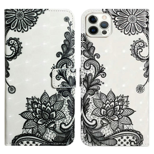 For iPhone 16 Pro Case 3D Pattern Leather Wallet Phone Cover Bookstyle Magnetic Clasp - Lace Flower