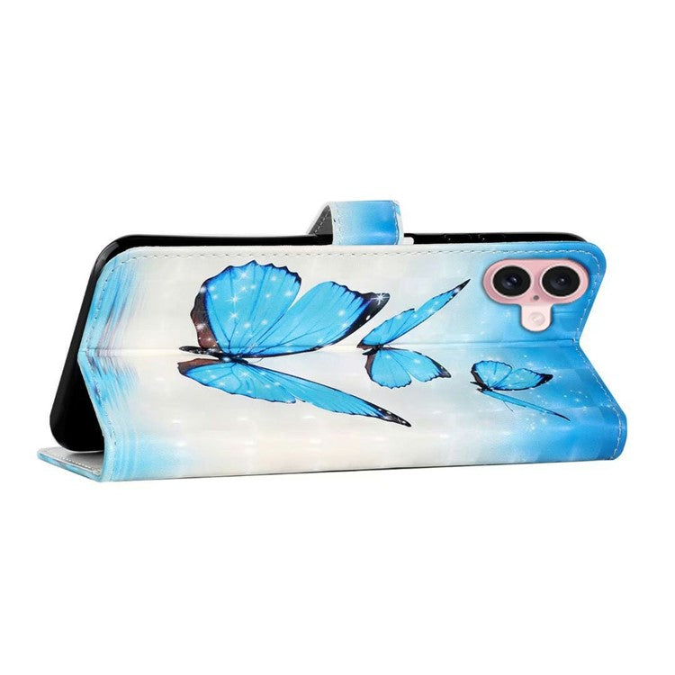 For iPhone 16 Case 3D Creative Pattern PU Leather Stand Phone Cover - Three Butterflies