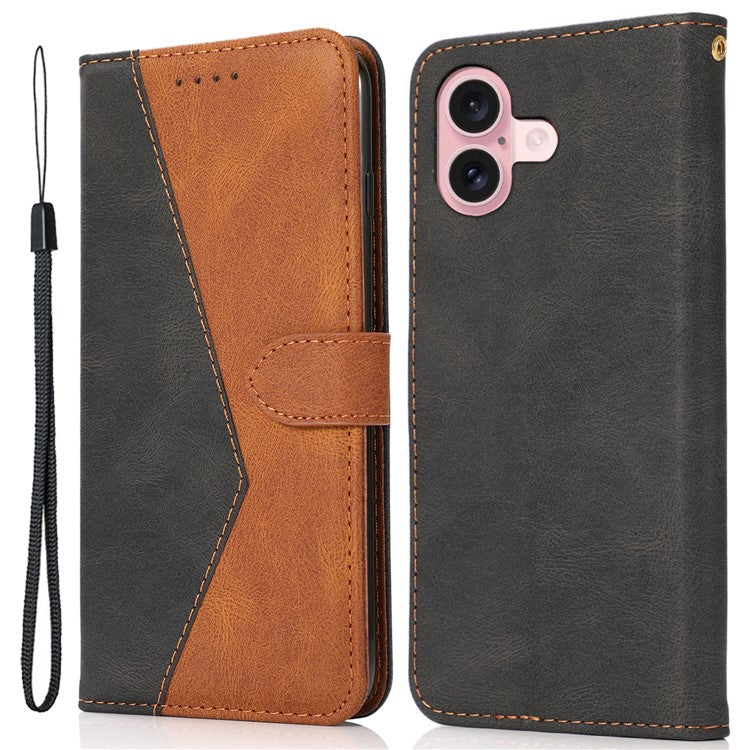 For iPhone 16 Plus Case Splicing Color Magnetic Clasp Leather Phone Cover - Black+Brown