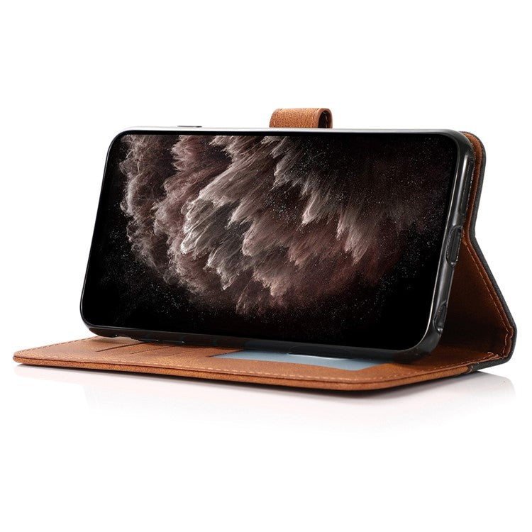 For iPhone 16 Plus Case Splicing Color Magnetic Clasp Leather Phone Cover - Black+Brown