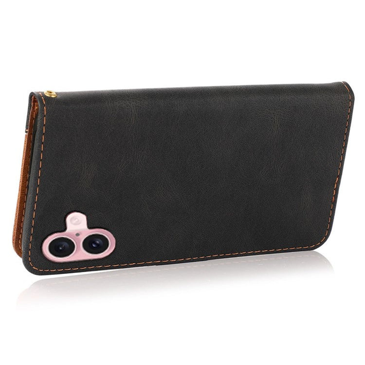 For iPhone 16 Plus Case Splicing Color Magnetic Clasp Leather Phone Cover - Black+Brown