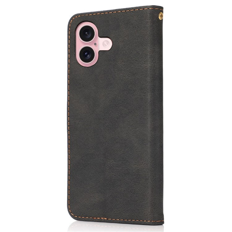 For iPhone 16 Plus Case Splicing Color Magnetic Clasp Leather Phone Cover - Black+Brown