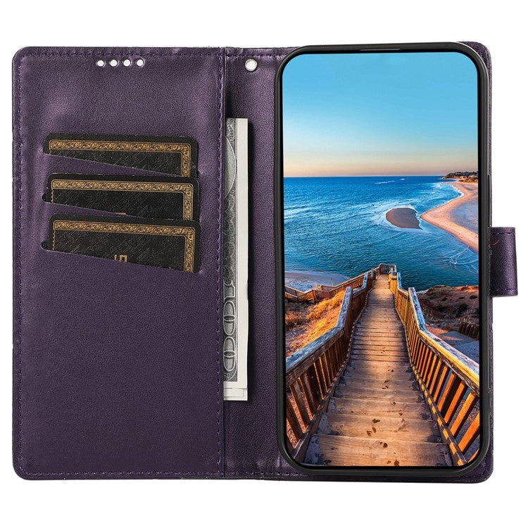 DF-06 For iPhone 16 Wallet Case Line Imprint Leather Flip Phone Cover - Purple