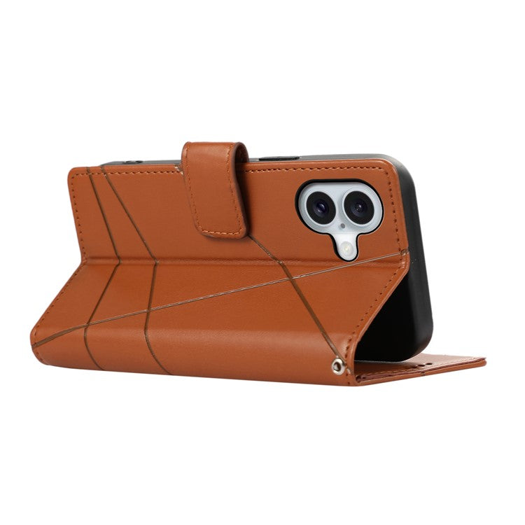 DF-06 For iPhone 16 Plus Shockproof Case Line Imprint Wallet Phone Cover - Brown