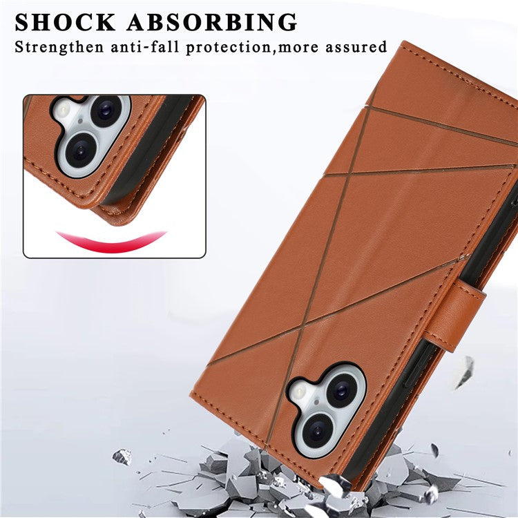 DF-06 For iPhone 16 Plus Shockproof Case Line Imprint Wallet Phone Cover - Brown