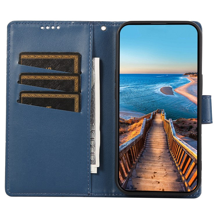 DF-06 For iPhone 16 Plus Shockproof Case Line Imprint Wallet Phone Cover - Blue