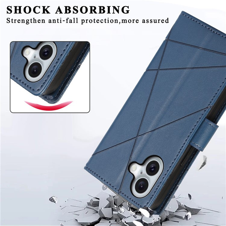 DF-06 For iPhone 16 Plus Shockproof Case Line Imprint Wallet Phone Cover - Blue