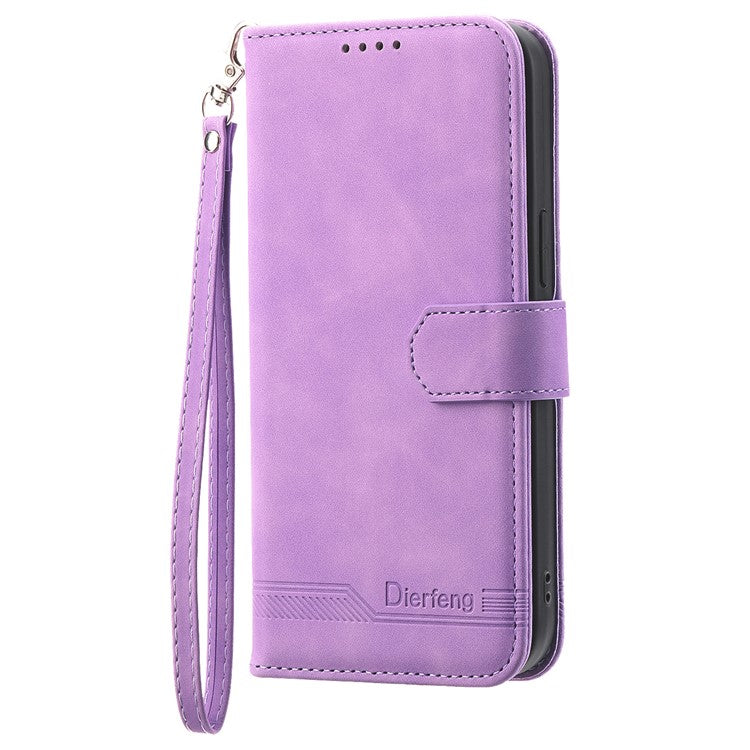 DIERFENG DF-03 For iPhone 16e Wallet Cover Card Slot Lines Imprinted Phone Case - Purple