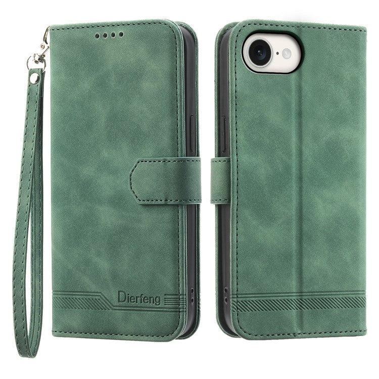 DIERFENG DF-03 For iPhone 16e Wallet Cover Card Slot Lines Imprinted Phone Case - Green