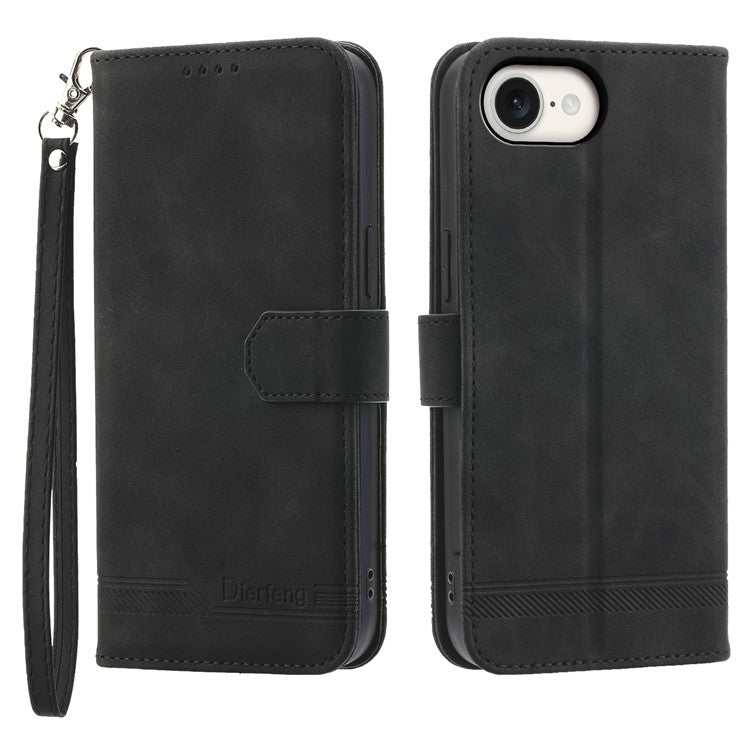 DIERFENG DF-03 For iPhone 16e Wallet Cover Card Slot Lines Imprinted Phone Case - Black