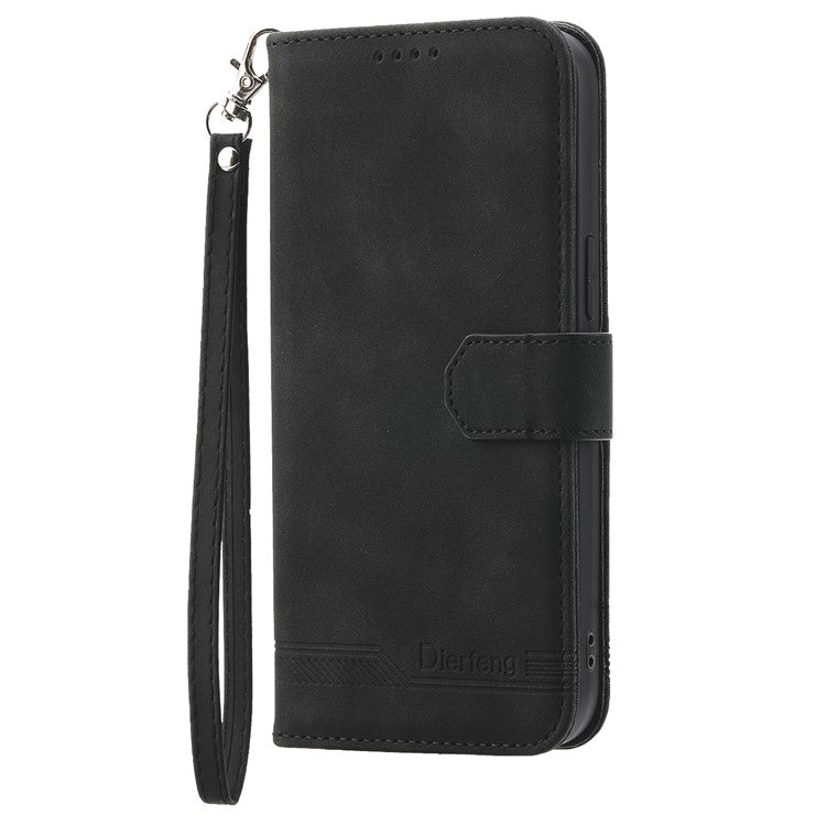 DIERFENG DF-03 For iPhone 16 Pro Leather Case Lines Imprinted Wallet Phone Cover - Black