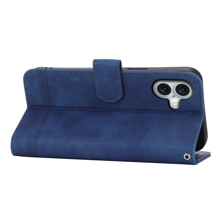 DIERFENG DF-03 For iPhone 16 Plus Wallet Case Lines Imprinted Leather Phone Cover - Blue