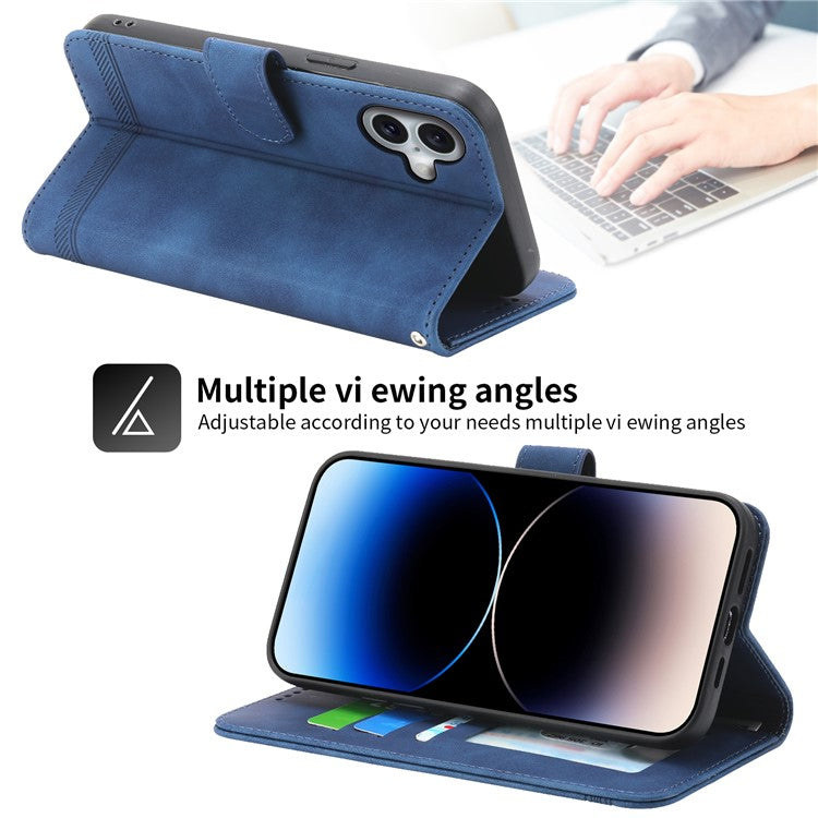 DIERFENG DF-03 For iPhone 16 Plus Wallet Case Lines Imprinted Leather Phone Cover - Blue