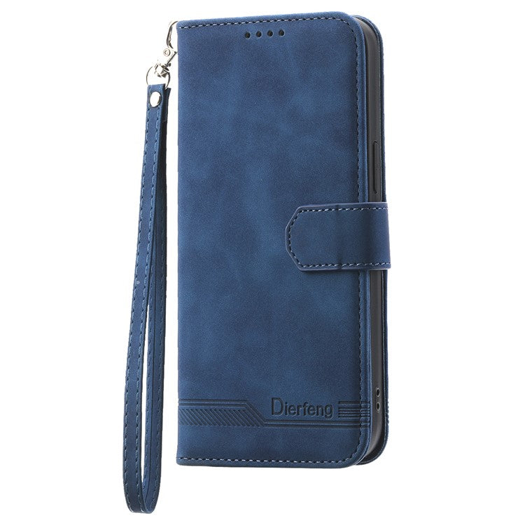 DIERFENG DF-03 For iPhone 16 Plus Wallet Case Lines Imprinted Leather Phone Cover - Blue