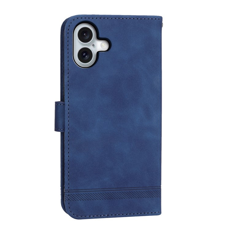 DIERFENG DF-03 For iPhone 16 Plus Wallet Case Lines Imprinted Leather Phone Cover - Blue