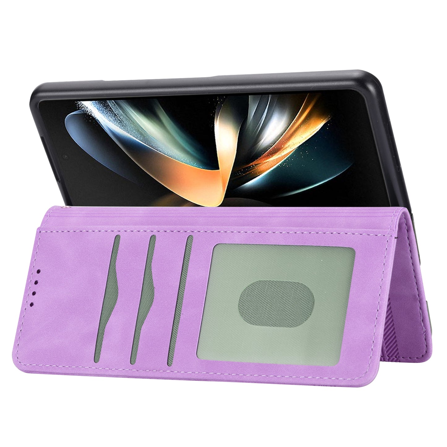 DIERFENG DF-03 For Samsung Galaxy Z Fold6 5G Wallet Phone Case Lines Imprinted Leather Cover - Purple