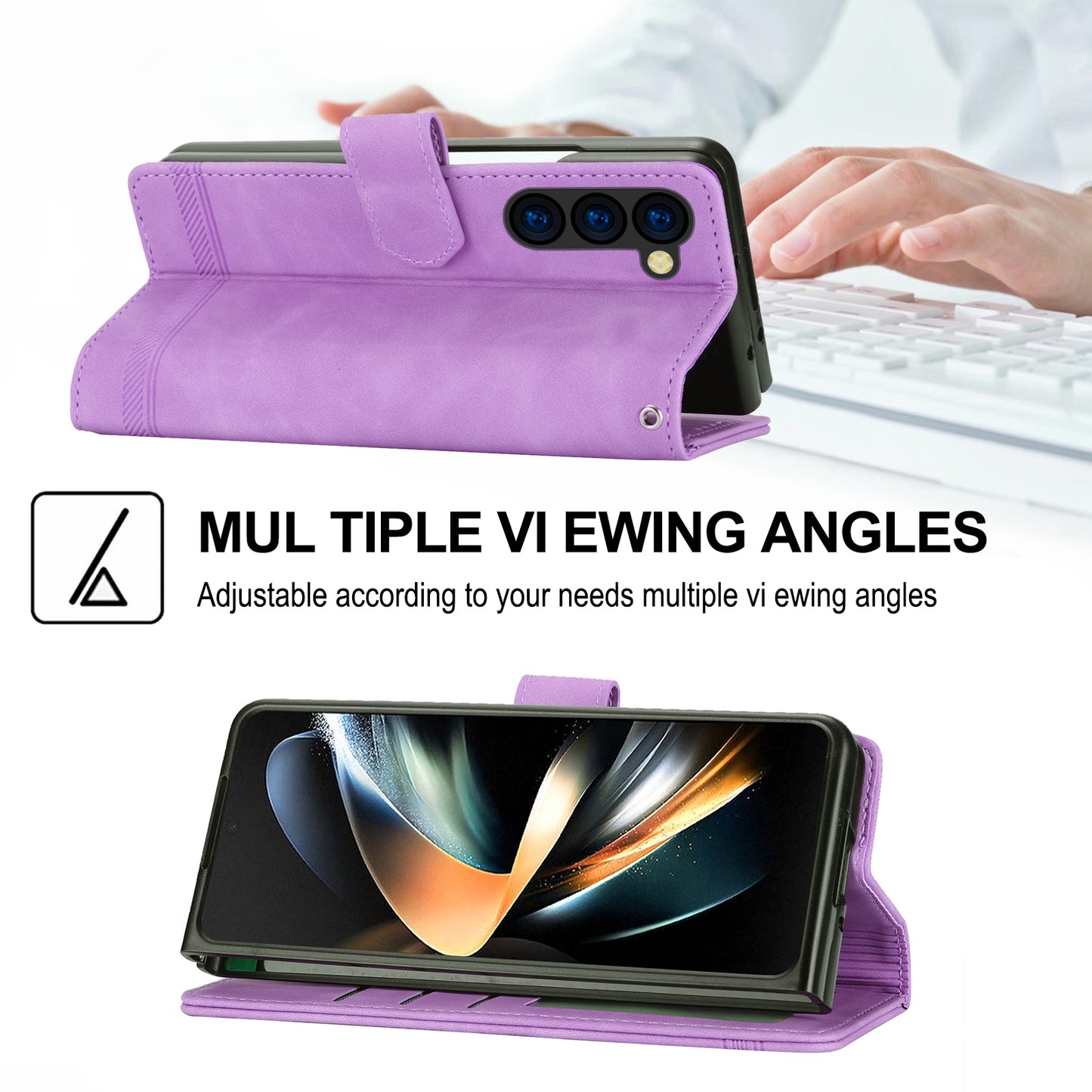 DIERFENG DF-03 For Samsung Galaxy Z Fold6 5G Wallet Phone Case Lines Imprinted Leather Cover - Purple