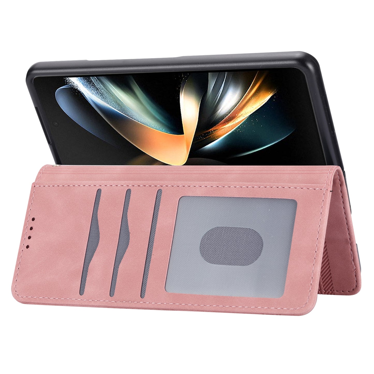 DIERFENG DF-03 For Samsung Galaxy Z Fold6 5G Wallet Phone Case Lines Imprinted Leather Cover - Pink