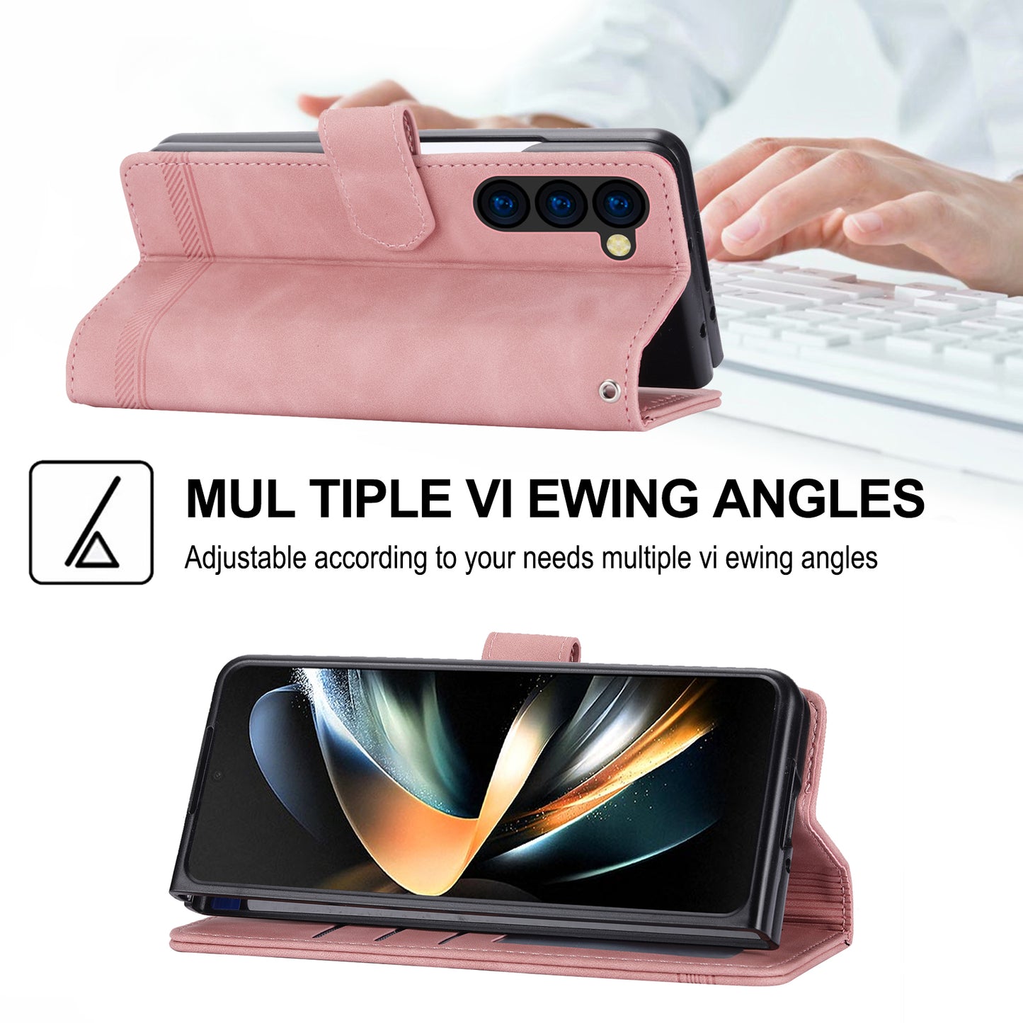 DIERFENG DF-03 For Samsung Galaxy Z Fold6 5G Wallet Phone Case Lines Imprinted Leather Cover - Pink