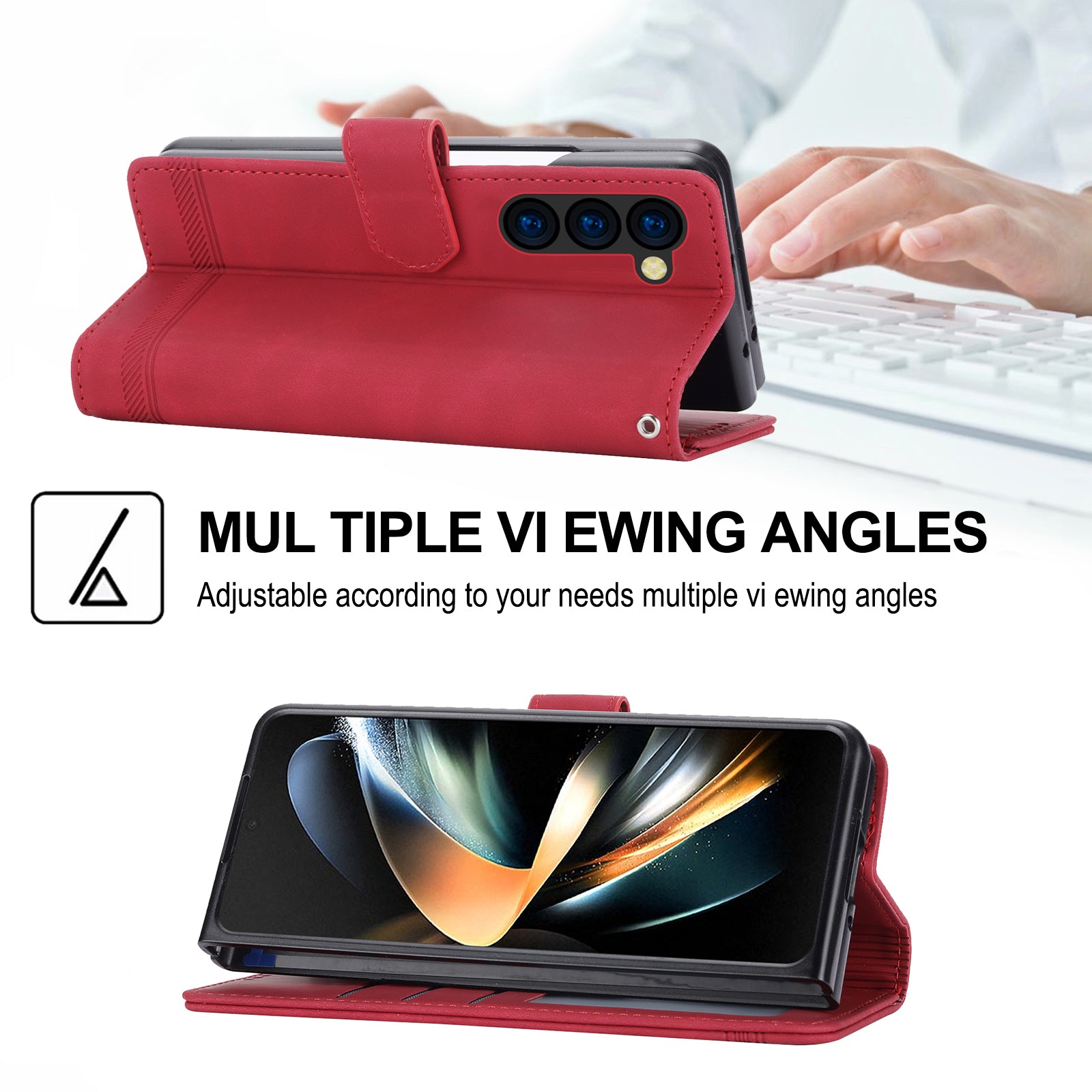 DIERFENG DF-03 For Samsung Galaxy Z Fold6 5G Wallet Phone Case Lines Imprinted Leather Cover - Red