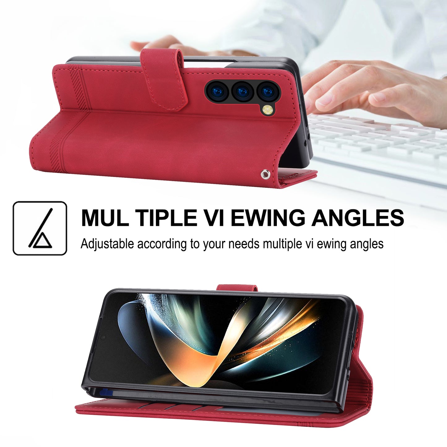 DIERFENG DF-03 For Samsung Galaxy Z Fold6 5G Wallet Phone Case Lines Imprinted Leather Cover - Red