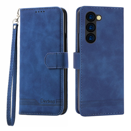 DIERFENG DF-03 For Samsung Galaxy Z Fold6 5G Wallet Phone Case Lines Imprinted Leather Cover - Blue