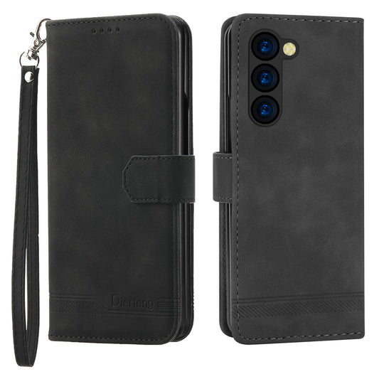 DIERFENG DF-03 For Samsung Galaxy Z Fold6 5G Wallet Phone Case Lines Imprinted Leather Cover - Black