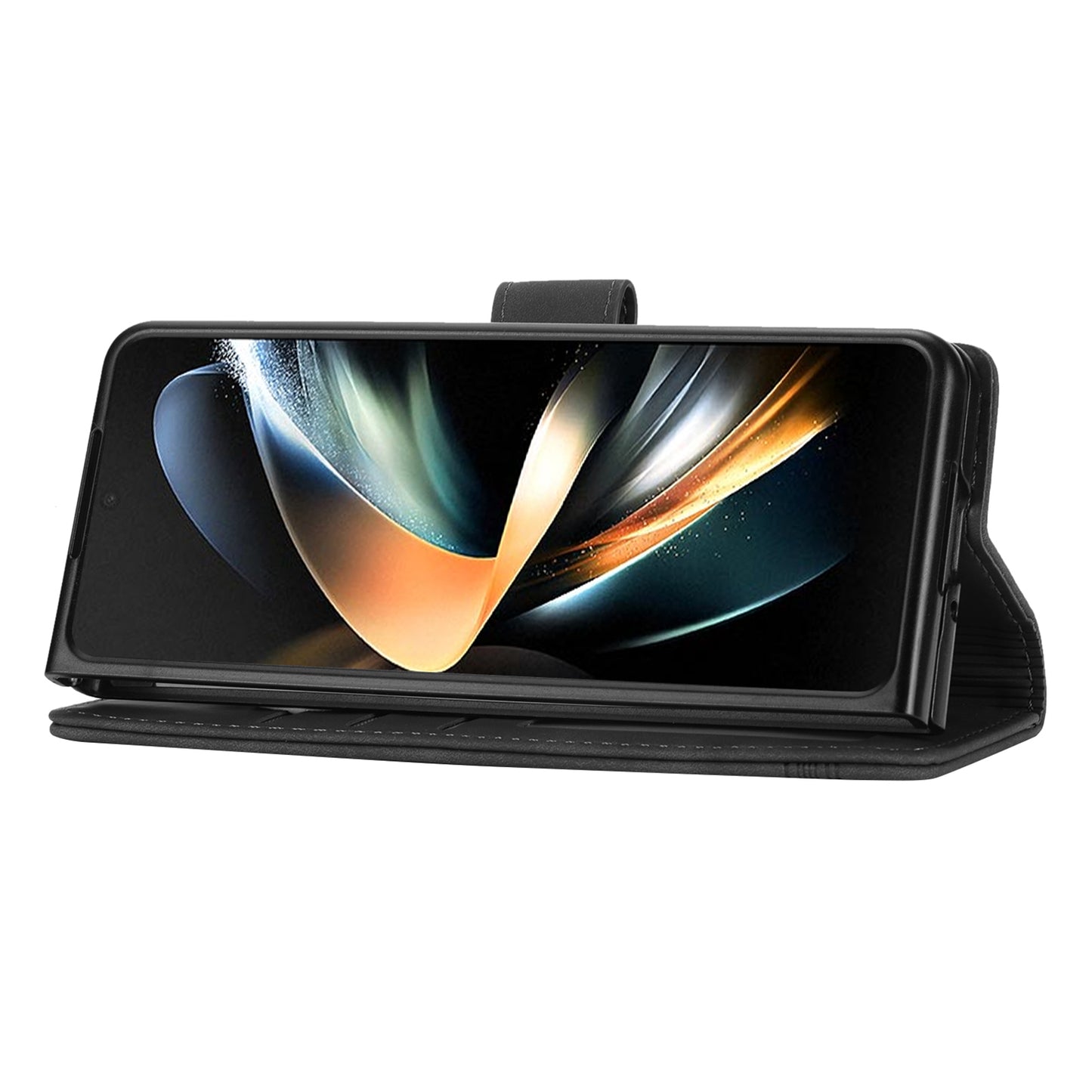 DIERFENG DF-03 For Samsung Galaxy Z Fold6 5G Wallet Phone Case Lines Imprinted Leather Cover - Black