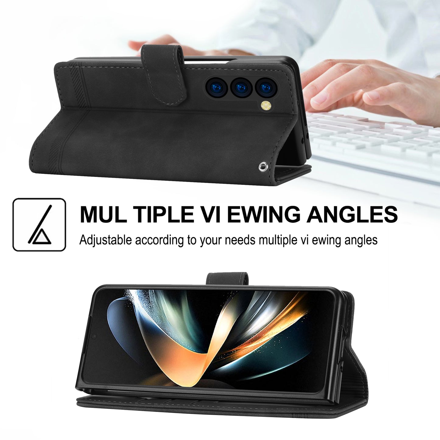 DIERFENG DF-03 For Samsung Galaxy Z Fold6 5G Wallet Phone Case Lines Imprinted Leather Cover - Black