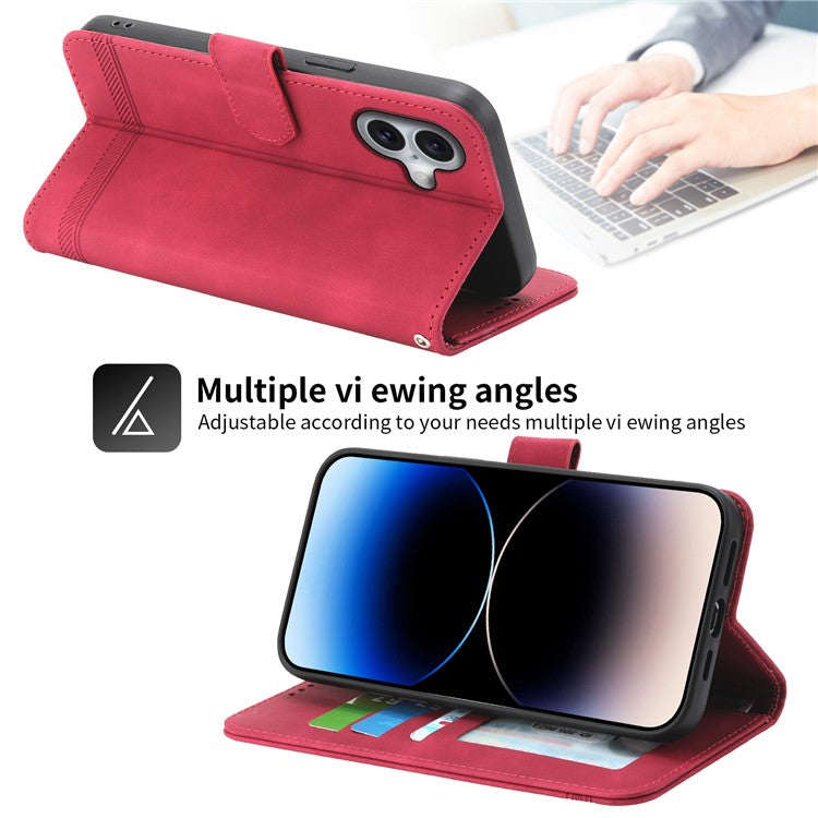 DIERFENG DF-03 For iPhone 16 Case Anti-Drop Lines Imprinted Wallet Phone Cover - Red