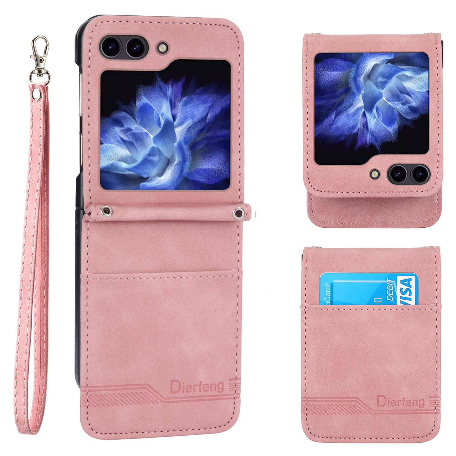 DIERFENG DF-03 For Samsung Galaxy Z Flip6 5G Card Slot Case Lines Imprinted Phone Cover - Pink