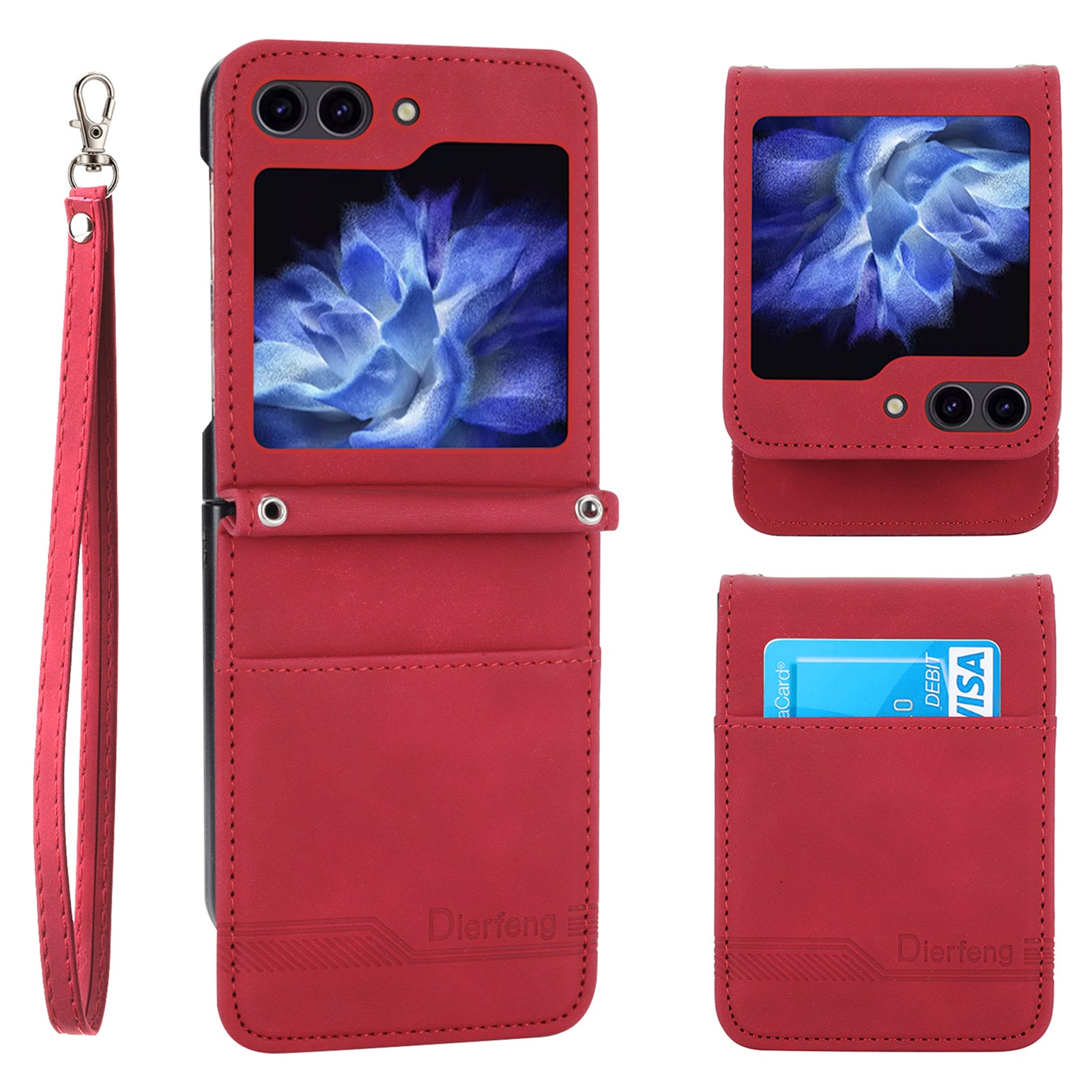 DIERFENG DF-03 For Samsung Galaxy Z Flip6 5G Card Slot Case Lines Imprinted Phone Cover - Red