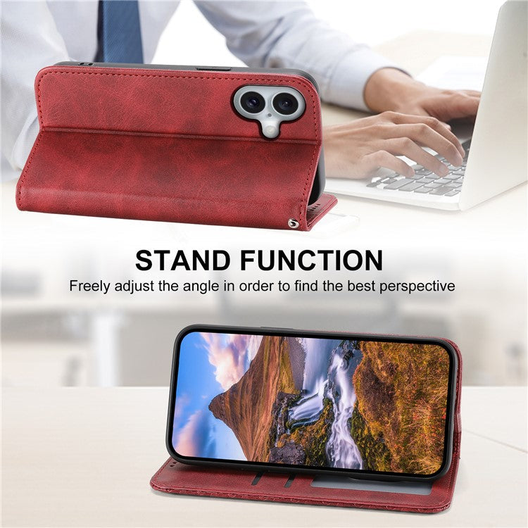 For iPhone 16 Wallet Case Calf Texture PU Leather Phone Cover with Strap - Red